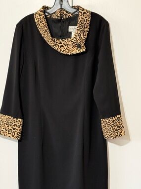 Sharon Young Black Long-Sleeve Dress with Leopard Trim